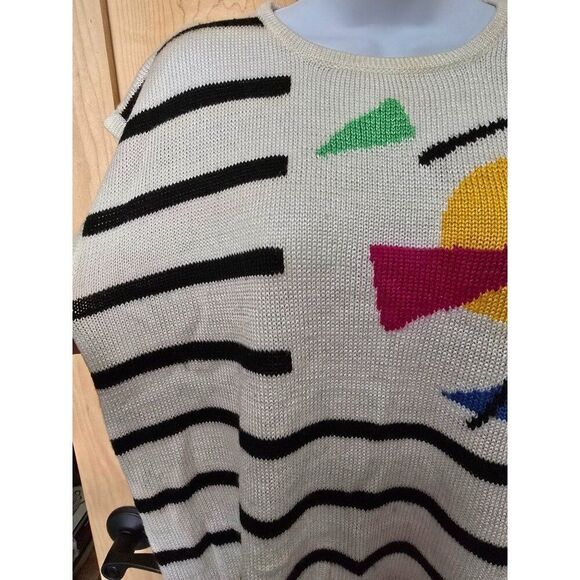 Vintage 80s Sleeveless Knit Top With Bold Geometric Design & Stripes Womens L - Picture 5 of 11